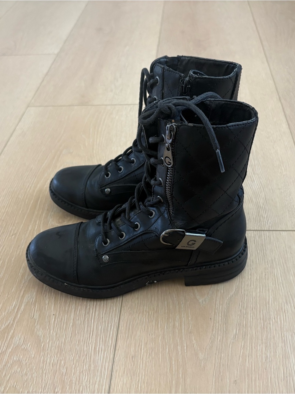G by Guess Black Quilted Lace-Up Combat Boots with Buckle